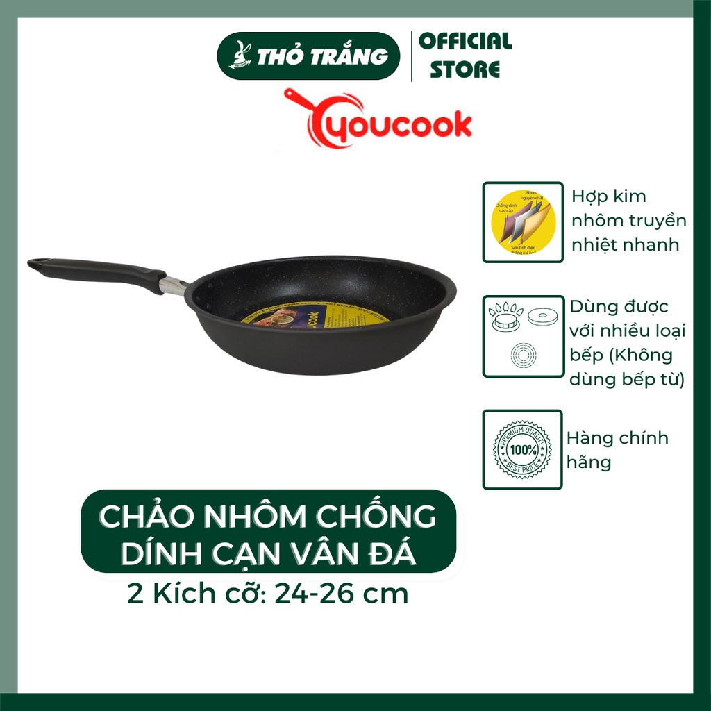 Chảo nhôm chống dính CẠN/ SÂU Vân Đá đáy thường thương hiệu You Cook