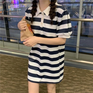 Đầm Thun Cổ Polo Tay Phồng Họa Tiết Kẻ Sọc Phong Cách Mới 45127 Cho Nữ