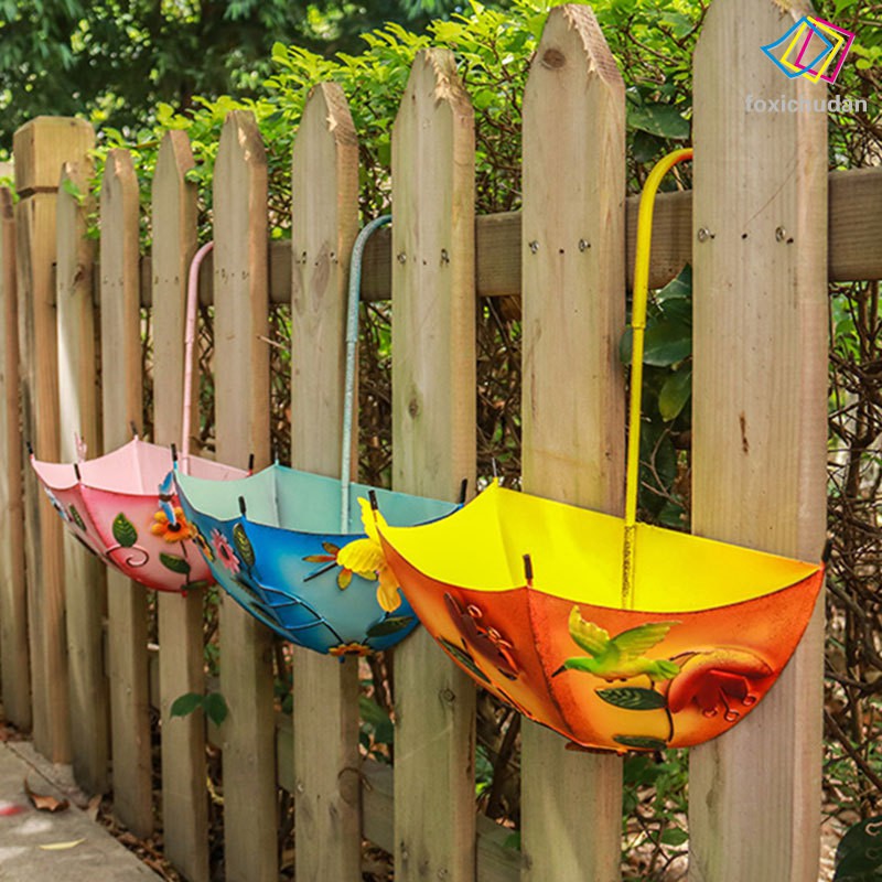 Summer Decor Umbrella Hanging Planter Wrought Iron Floral Printing Balcony Decor