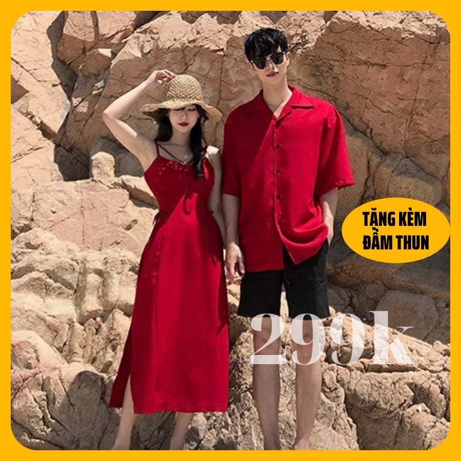 Đồ đôi nam nữ đẹp, đồ đôi đi biển, áo đôi áo cặp đi biển nam nữ gồm áo váy sơ mi Hàn Quốc dáng dài cao cấp COUPLE STORE