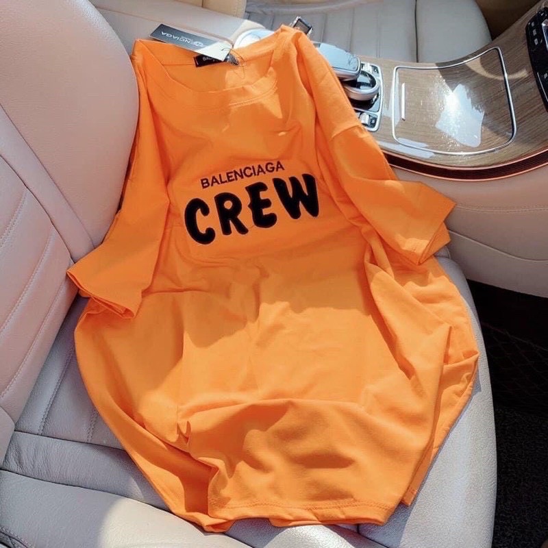 (FREESHIP+ẢNH THẬT) Áo phông thun chữ thêu Crew tay lỡ form rộng màu cam mặc giấu quần sang chảnh