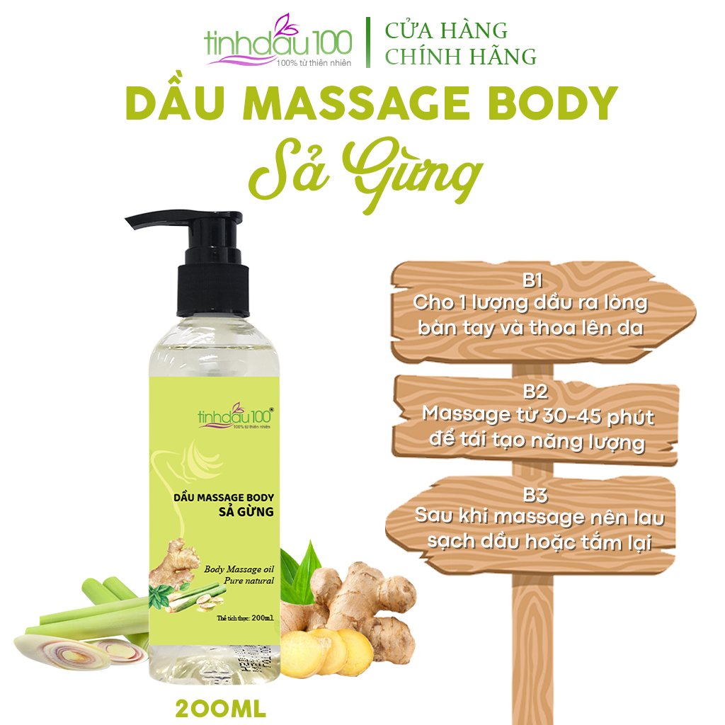 Dầu massage body sả gừng Tinh Dầu 100 làm nóng thư giãn, xoa bóp bấm huyệt, giảm đau mỏi chai 200ml