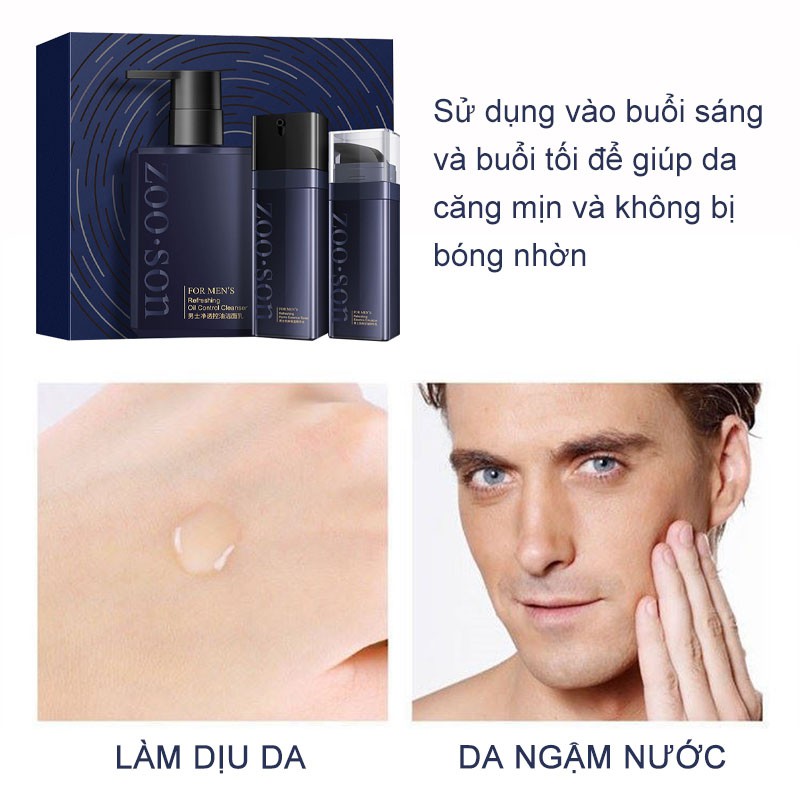 Bộ sản phẩm chăm sóc da dành cho nam: Sữa rửa mặt + Sữa dưỡng ẩm + Tinh chất dưỡng ẩm giúp kiểm soát dầu,dưỡng ẩm-ZX-T3