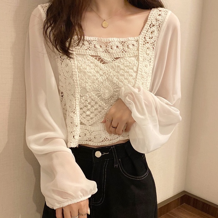 Áo croptop ZHELIHANGFEI vải voan tay dài phồng cổ vuông thời trang thanh lịch dành cho nữ