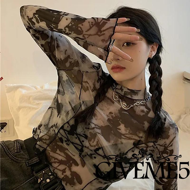 Áo Croptop Tay Dài Phối Lưới Xuyên Thấu In Họa Tiết Trừu Tượng Thời Trang Cho Nữ