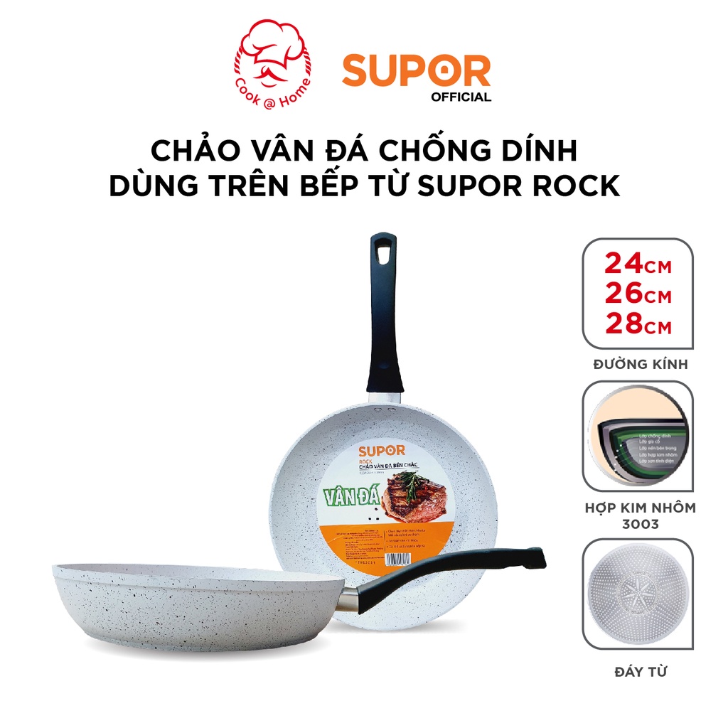 Chảo vân đá chống dính dùng trên bếp từ Supor Rock size 24, 26, 28cm -F23A24IH/F23A26IH/F23A28IH