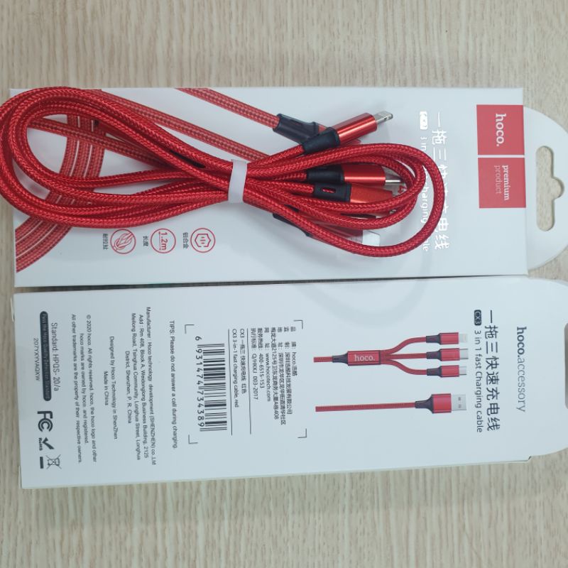 Cáp 3 đầu Hoco  1m chân ip-micro-typec. bảo hành 12 tháng-phukien3a