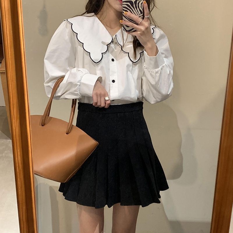 Áo Babydoll Nữ Trắng 🌺 Sơ Mi Trắng Bèo Cổ Viền Đen Ulzzang Hàn QuốcOne boutique