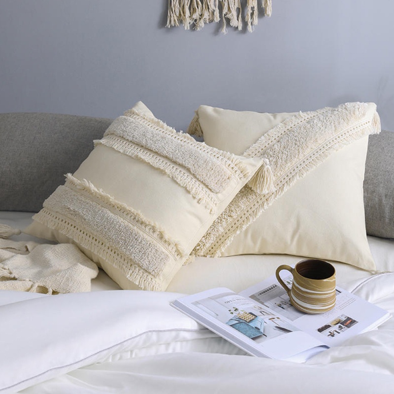 Vỏ Gối Dệt Sọc Ca Rô Phối Tua Rua Phong Cách Boho