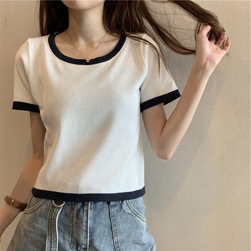 Áo Thun Tay Ngắn Cổ Tròn Màu Sắc Tương Phản Thời Trang Mùa Hè Phong Cách Hàn Quốc Cho Nữ