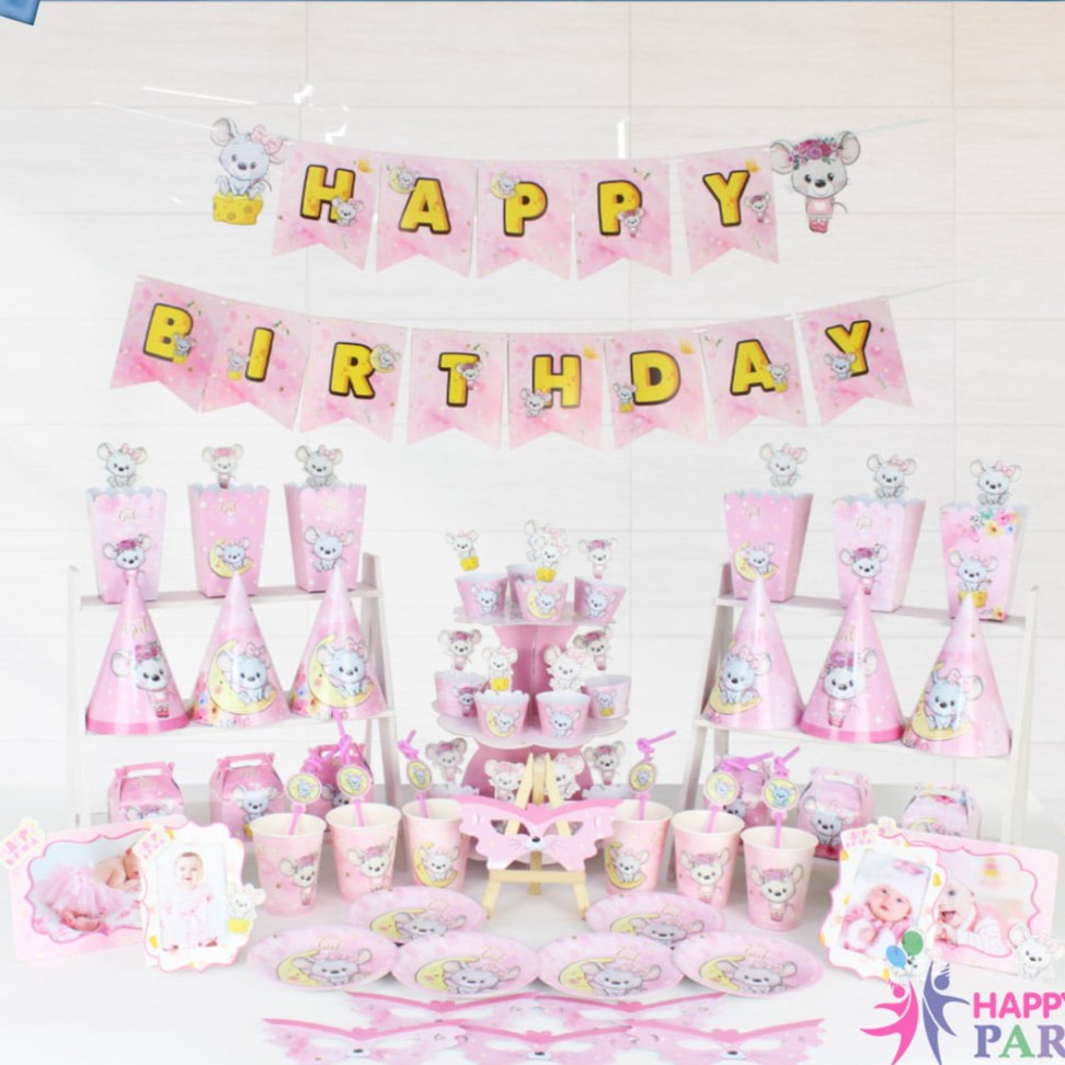 Set trang trí thôi nôi sinh nhật bé Chuột con set phụ kiện giấy trang trí bàn tiệc