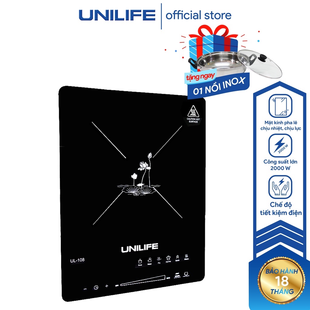 Bếp điện từ đơn cảm ứng UNILIFE, bếp từ mặt kính UL108 chịu nhiệt 2000W tiết kiệm điện năng