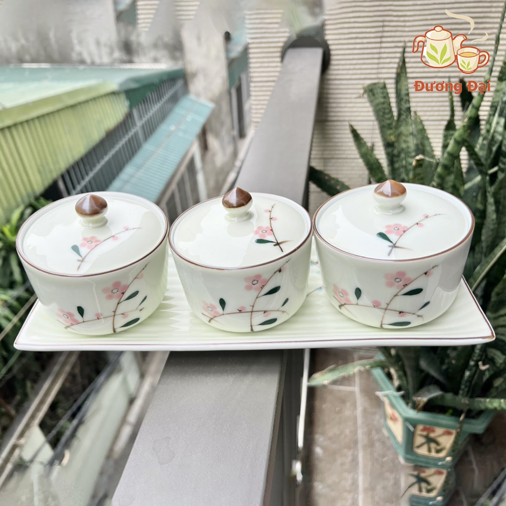 01 hũ đựng mứt sứ men kem họa tiết vẽ tay Gốm Sứ Bát Tràng Đương Đại