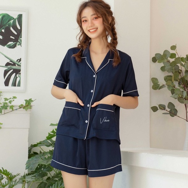 Bộ Pijama nữ chất liệu Lụa cao cấp VIBES Navy Silk Py Set
