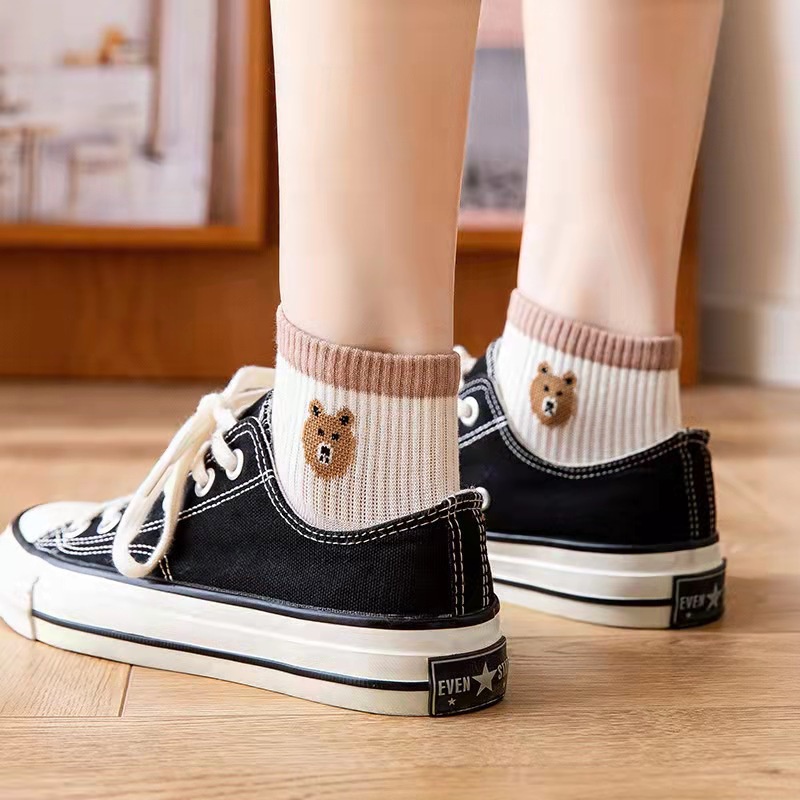 Tất Nữ Cổ Ngắn, Vớ Nam Nữ Cổ Ngắn Họa Tiết Gấu Cute Dễ Thương Vải Thoáng khí Co Giãn Bốn Chiều