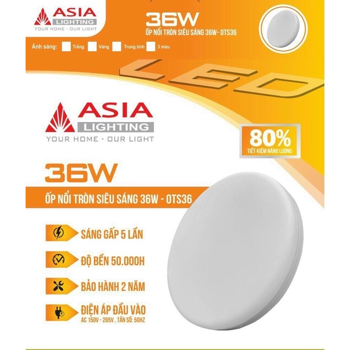 Đèn led ốp trần tròn tràn viền siêu sáng 24w, 36w, 48w Asia Việt Nam bảo hành lỗi 1 đổi 1