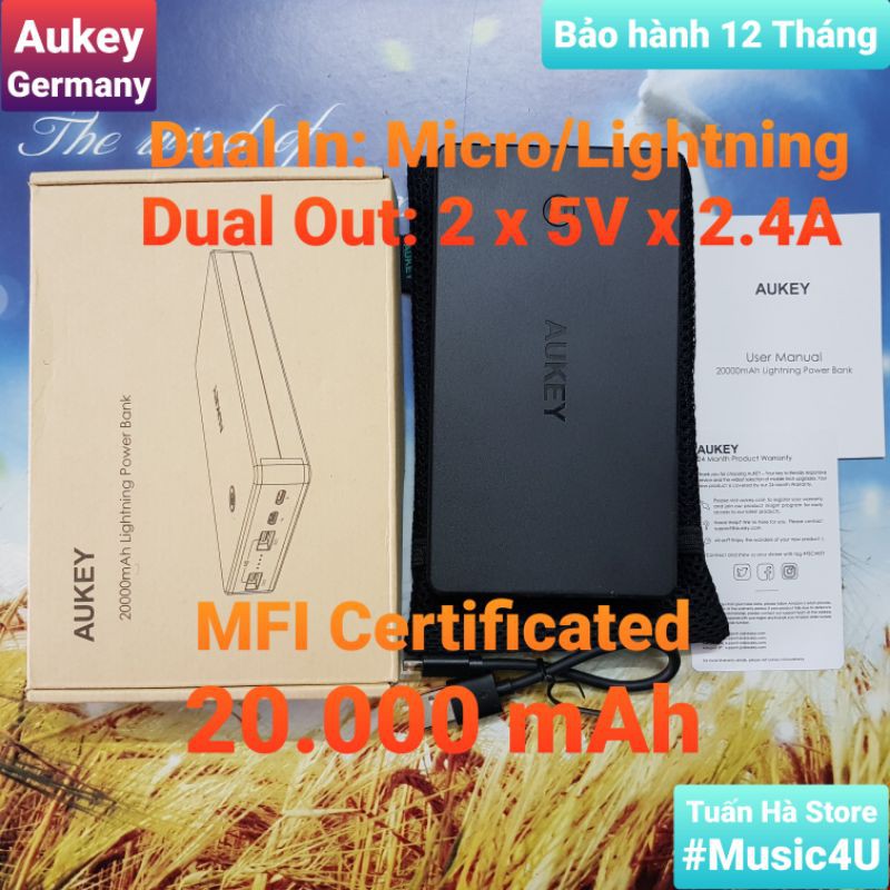 Sạc pin dự phòng Aukey PB-N36 20000mAh, cổng vào Lightning, Micro USB, 2 cổng ra, chuẩn MFI [Music4U]