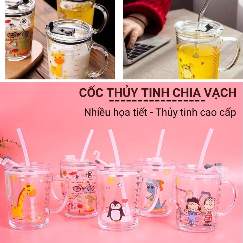 Cốc thủy tinh pha các loại đồ uống siêu tiện lợi ly giữ nhiệt có nắp đậy chân không 400ml tặng ống hút thủy tinh Angola