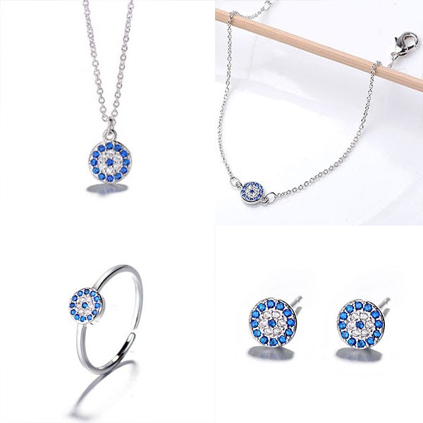 Bộ Trang Sức Bạc S925 Italy - Bộ Trang Sức 4 Món Hình Mắt Xanh  - Dây Chuyền , lắc, Nhẫn, Bông BTSB08