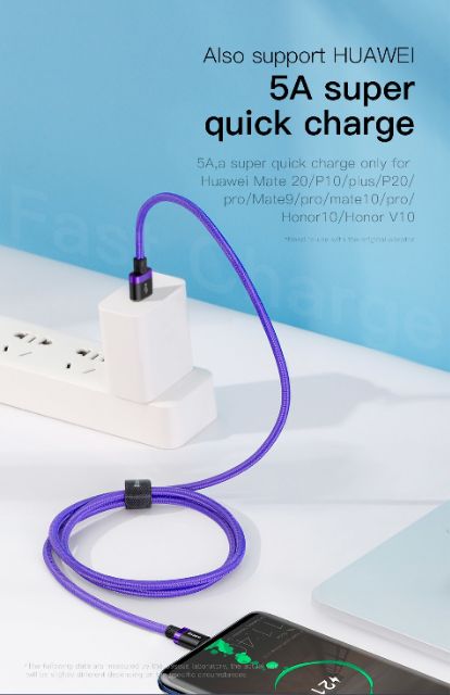 Cáp sạc nhanh Type C Baseus Purple Gold HW Flash Charge Cable(40W, 5A , QC3.0/ Huawei Super Quick charge)