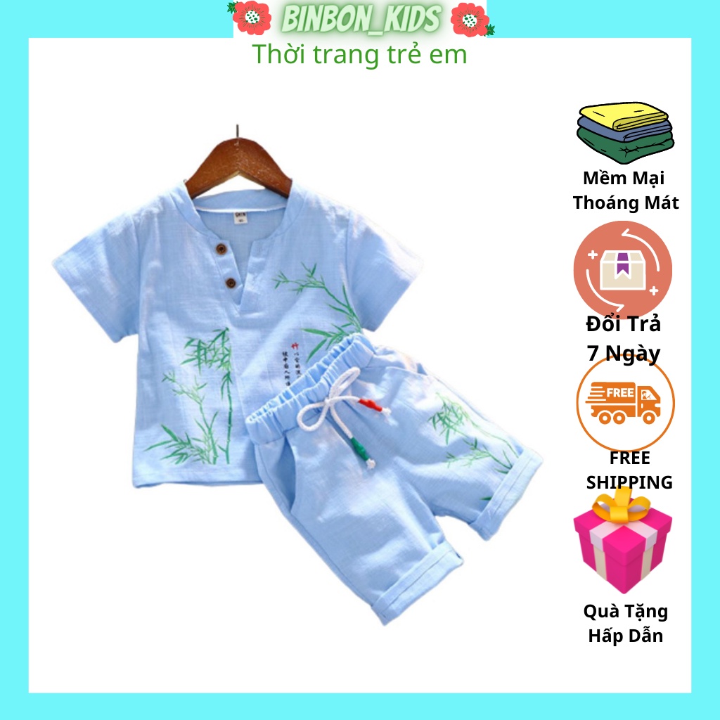 Đồ bộ bé trai Binbon kids, Bộ quần áo cộc tay bé trai chất đũi in hình cây tre cực mát cho bé từ 6-28kg