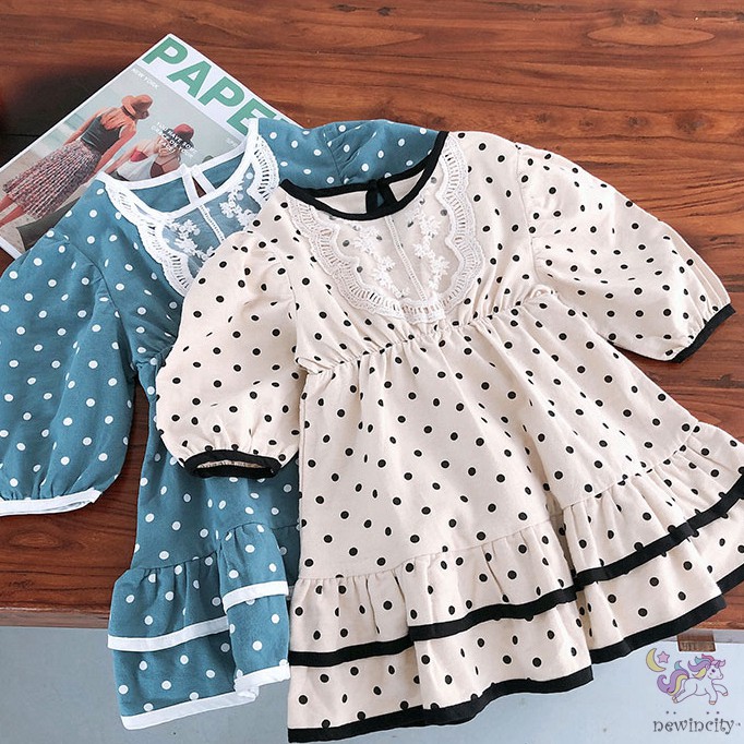 Đầm công chúa Dài Tay Họa Tiết Chấm Bi Dễ Thương Cho Bé