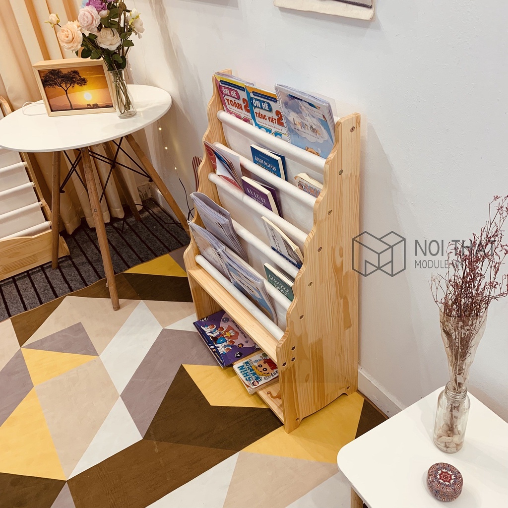 Kệ sách 4 tầng montessori, giá sách kèm hộc đổ đồ tiện lợi - chất liệu gỗ thông nhập khẩu hàng loại 1