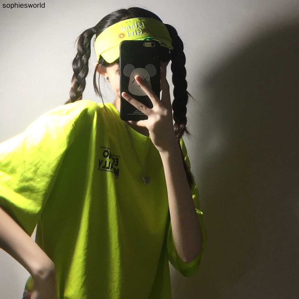 Áo thun tay ngắn màu xanh lá dạ quang in chữ thời trang mùa hè cho nữ