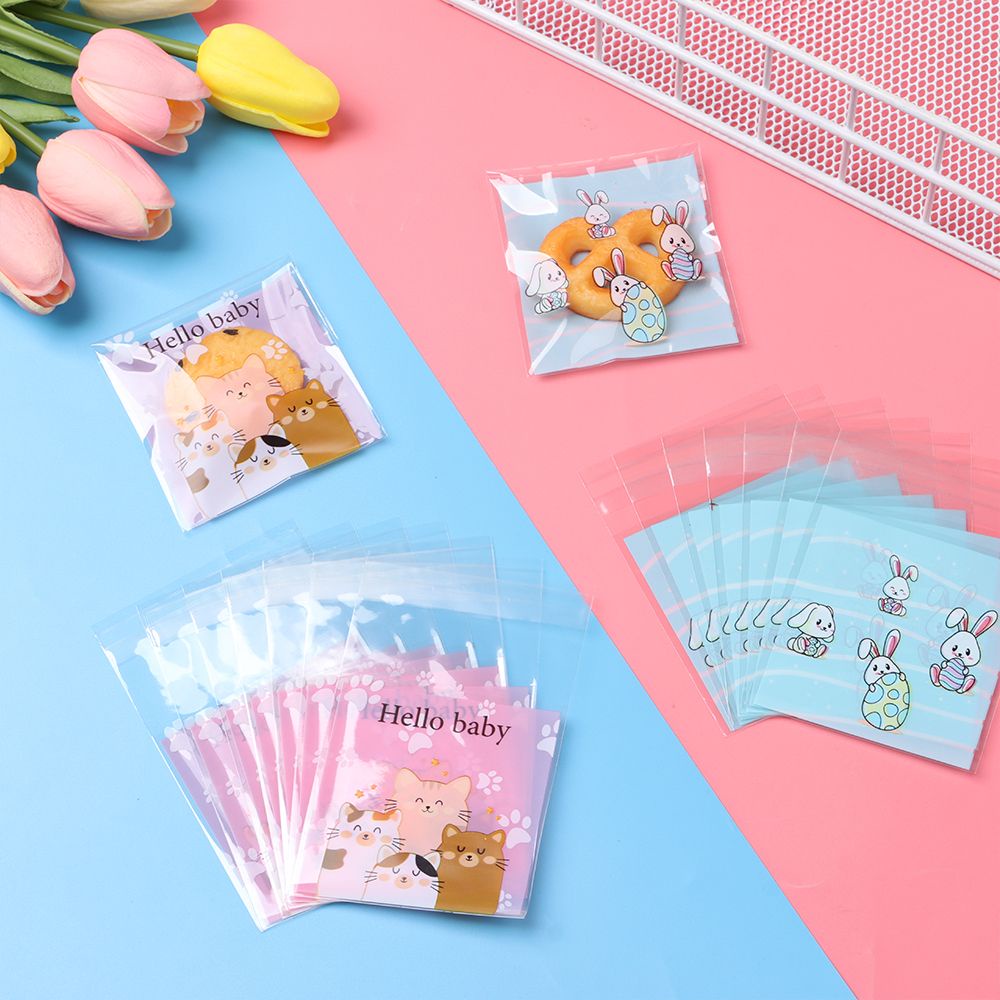 Set 100 túi opp kích thước 7x7cm in họa tiết hoạt hình dễ thương tự dính dùng để đựng bánh quy/ quà tặng