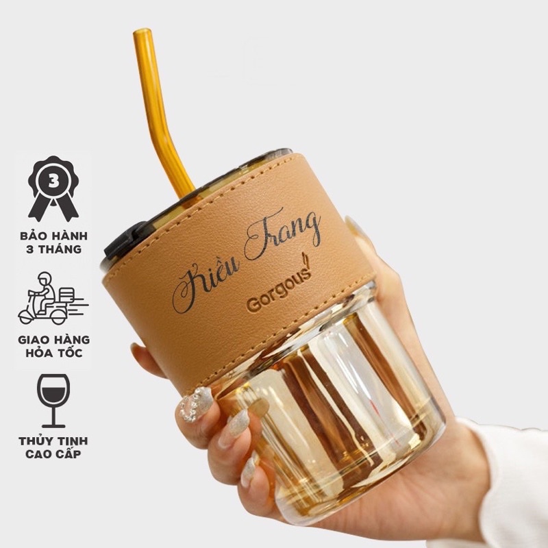 [Miễn Phí Khắc Tên] Cốc Thủy Tinh Gorgous Có Nắp Và Bao Da Đi Kèm 450 Ml - Tặng Kèm Ống Hút