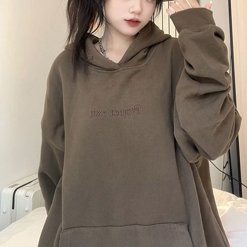 Jiashucheng Áo Hoodie Dài Tay Màu Nâu Đậm Phong Cách Mới Thu Đông