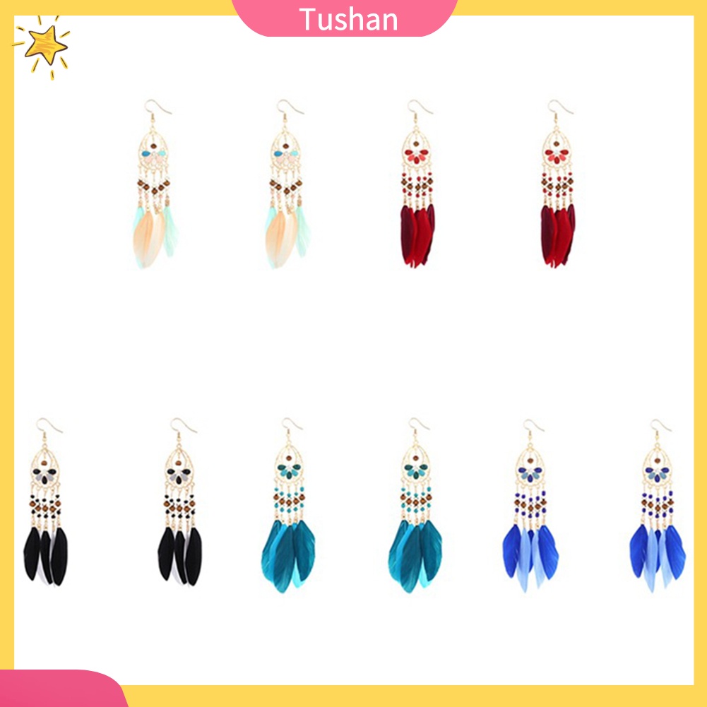 Đôi khuyên tai kiểu lưới giấc mơ phối hạt và lông vũ thời trang cho nữ