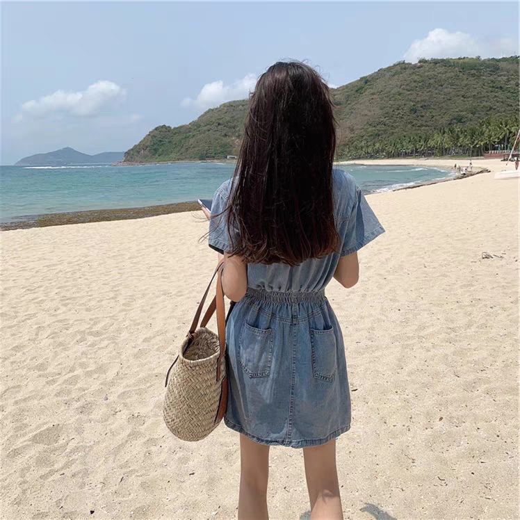 Đầm Denim Ngắn Dáng Ôm Phong Cách Thời Trang Pháp Mùa Hè 2023 Mới