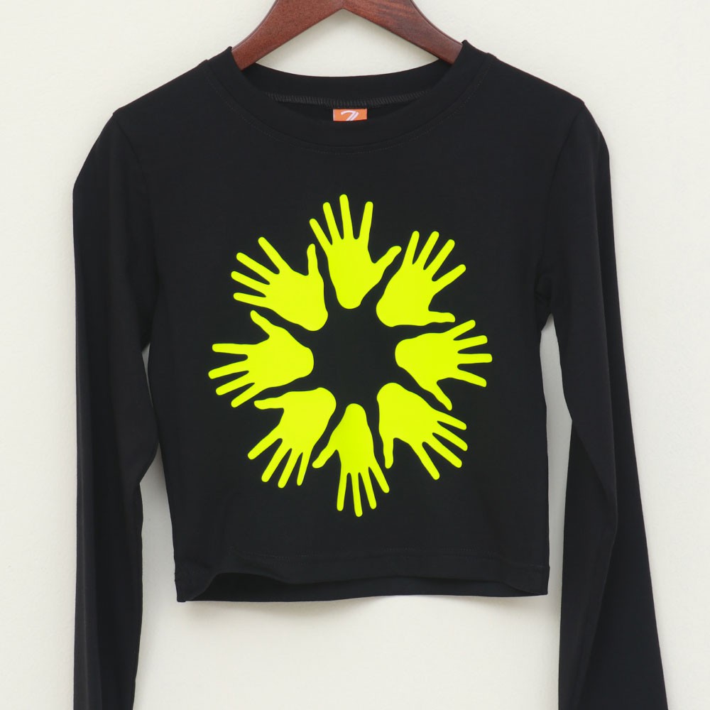 Z_8 | Áo croptop đen dài tay COTTON 100% in hình BÀN TAY màu vàng neon - Daladno