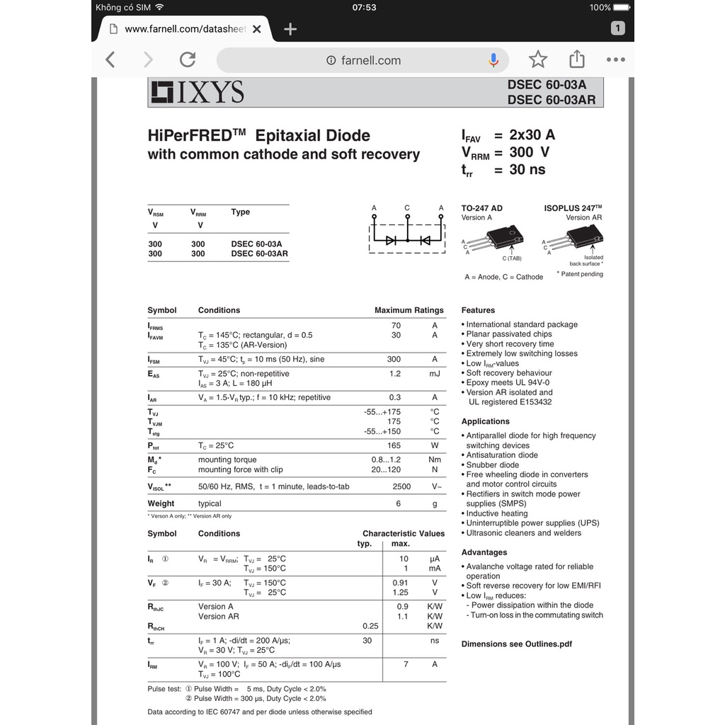 Diode Ixys Dsec 60-03a Chất Lượng Cao(600v-30A).Hàng tháo máy(Com bo 5 pcs)