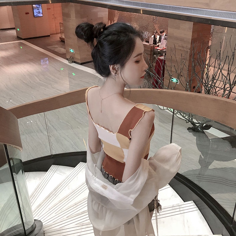 Áo Dệt Kim Không Tay Phối Màu Họa Tiết Caro Phong Cách Âu Mỹ Thời Trang Mùa Hè Cho Nữ