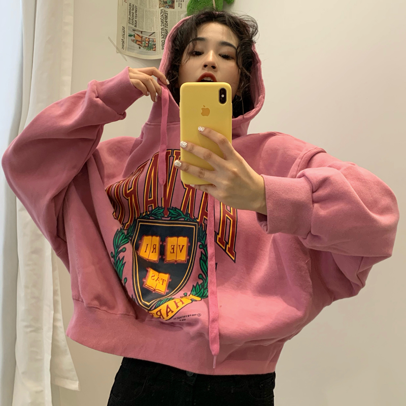 Áo hoodie tay dài dáng rộng in họa tiết duyên dáng phong cách mùa thu