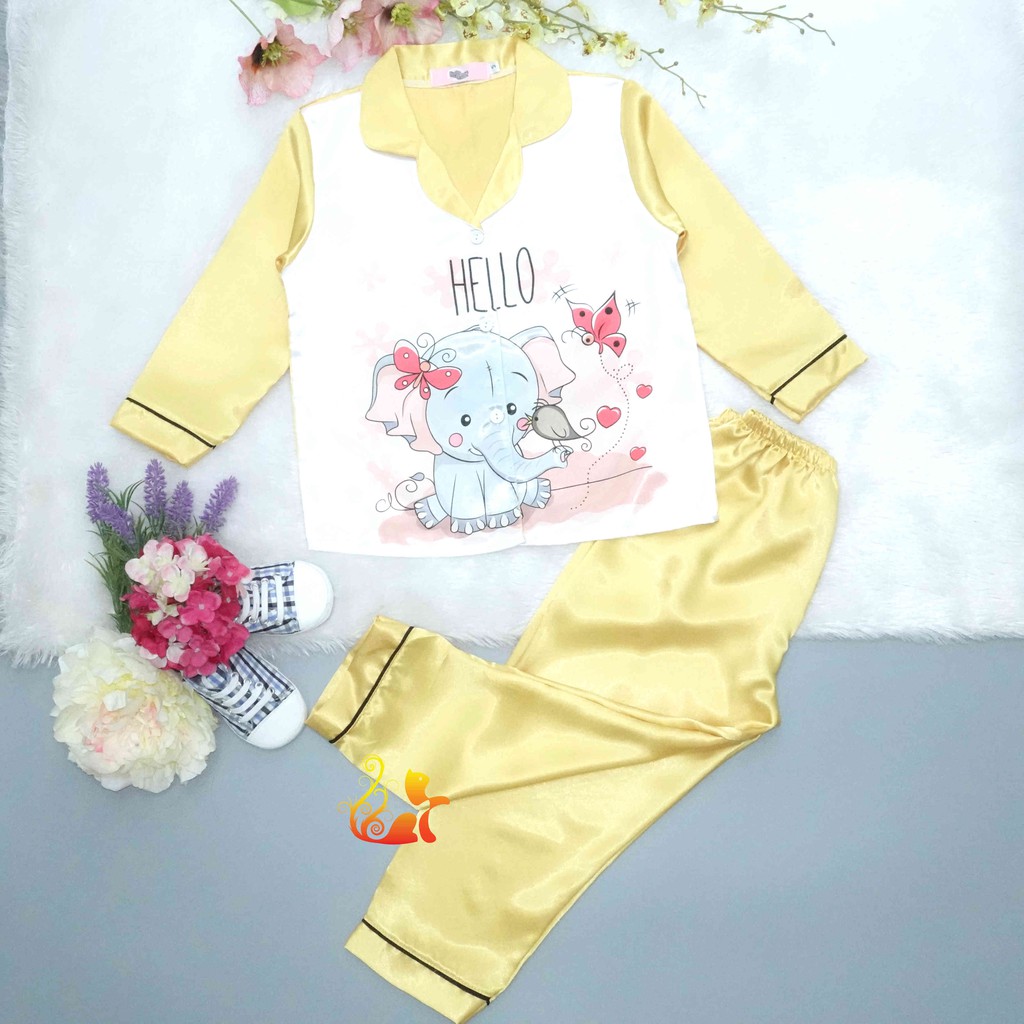 Bộ Đồ Pijama Phi Lụa &quot;Hình Voi&quot; Tay Dài Cho Bé - Từ 12kg - 42kg.