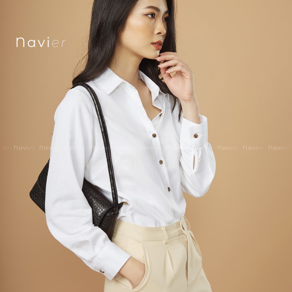 ÁO SƠ MI NỮ DÀI TAY CÔNG SỞ CỔ ĐỨC BASIC VẢI ĐŨI NHIỀU MÀU - LINEN SHIRT SM01 NAVIER