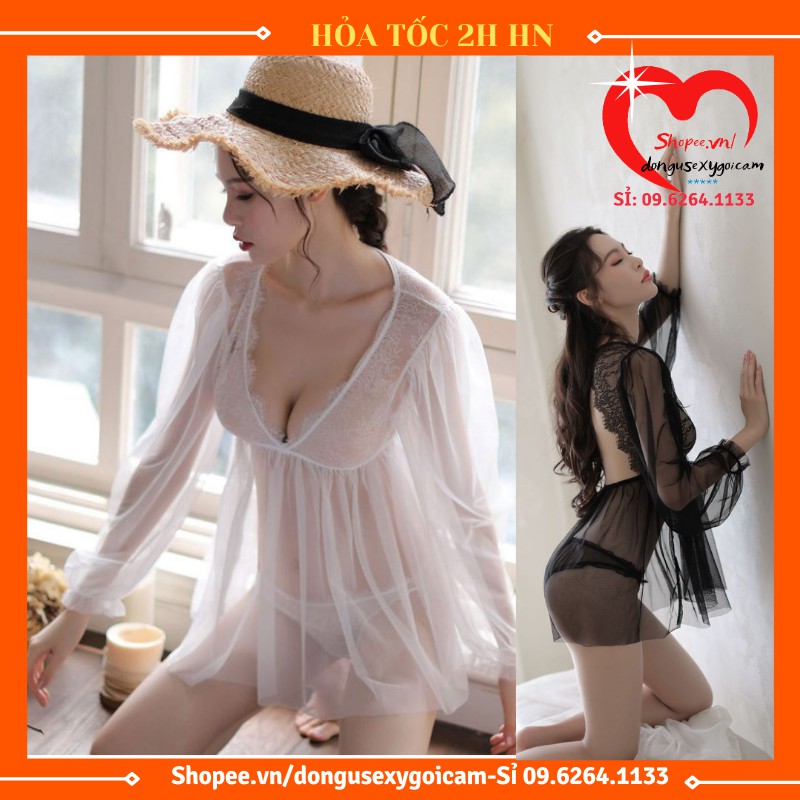 Đồ Ngủ sexy - Áo ngủ sexy gợi cảm quyến rũ xuyên thấu tay dài hở lưng kiểu V- Đầm ngủ gợi cảm TAY PHỒNG