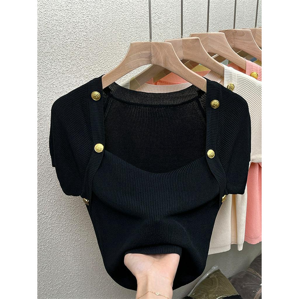 Áo Thun Tay Ngắn Cổ Vuông Bằng Lụa Lạnh Thời Trang Mùa Hè Dành Cho Nữ