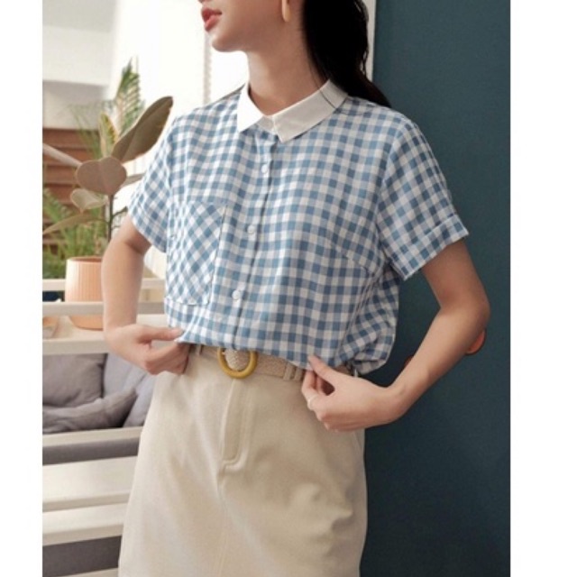 Áo sơ mi kẻ phối cổ ngắn tay 2 màu đi làm đi chơi vintage SM442 Aholic