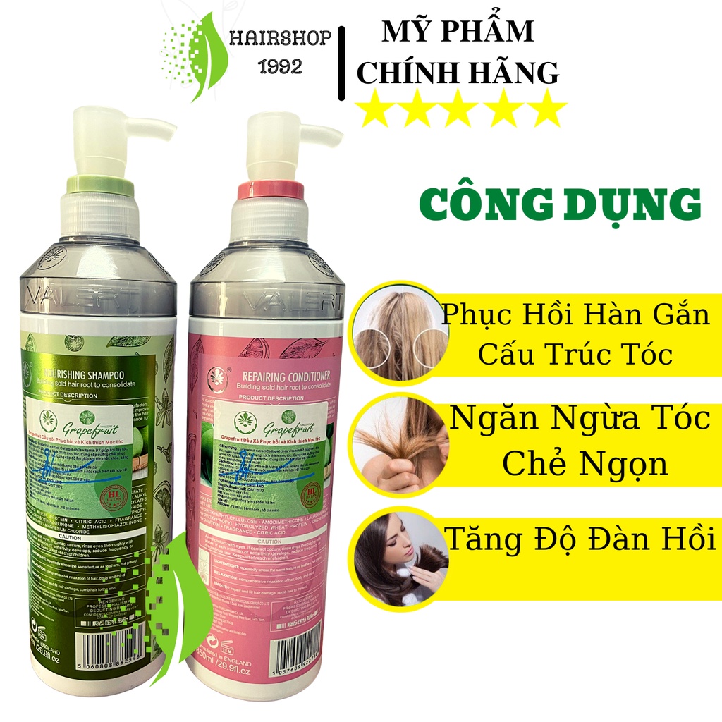 Cặp Dầu Gội Xả Bưởi Grapefruit Valert 850ML Giảm Rụng Tóc Kích Mọc Tóc Phục Hồi Hư Tổn - Chính Hãng