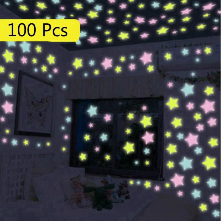 Bộ 100 ngôi sao dạ quang dùng dán tường trang trí kèm băng dính