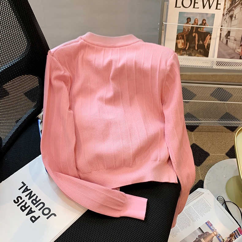 Áo Khoác cardigan Dệt Kim Tay Dài Dáng Ngắn Màu Hồng Thời Trang Mùa Thu Hàng Mới Dành Cho Bạn Nữ