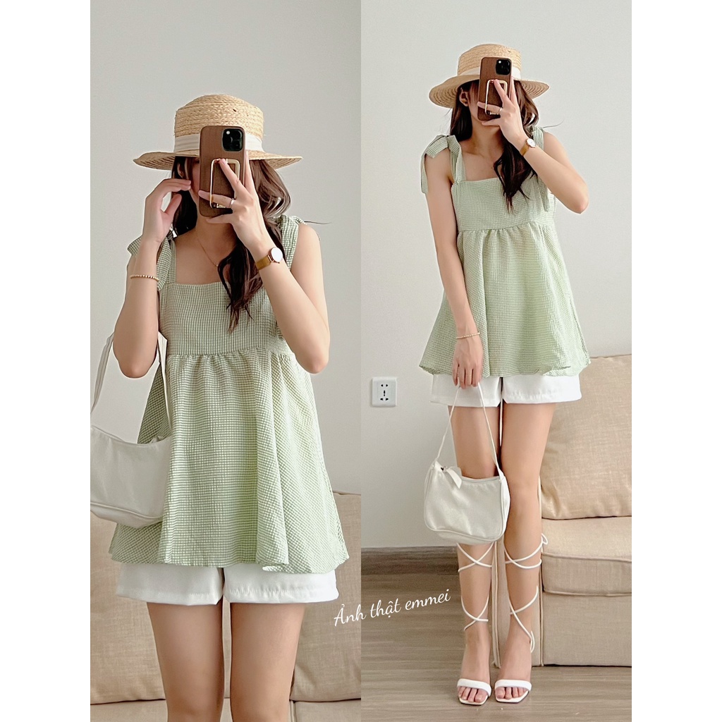Áo babydoll hai dây thắt nơ kẻ xanh kèm quần sooc trắng V42 thời trang nữ emmei
