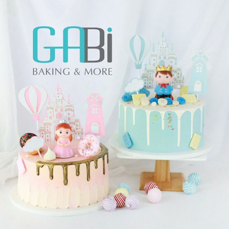 Set trang trí bánh lâu đài xanh/hồng