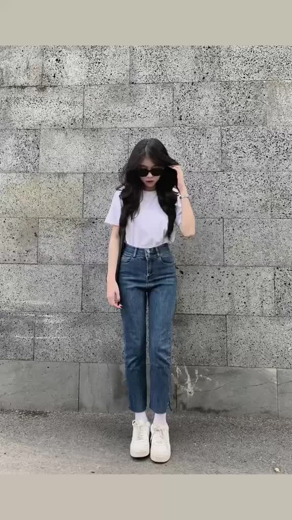 Quần bò nữ lưng cao Gemma xẻ tà vải co giãn, quần jean nữ ống đứng cạp cao dễ mix đồ | BigBuy360 - bigbuy360.vn