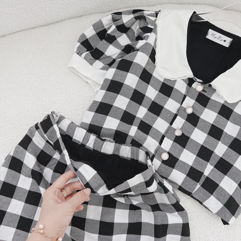 SET ÁO CARO CỔ SEN TRẮNG + CHÂN VÁY CARO