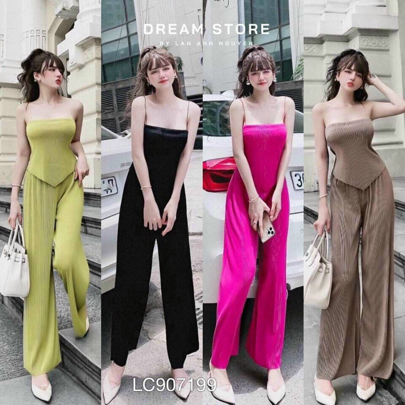 Set dập li áo kiểu vạt nhọn 2 dây + quần dài ống suông